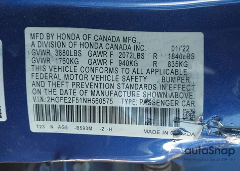 2022 Honda Civic Sport из США, поврежденный, VIN 2HGFE2F51NH560575